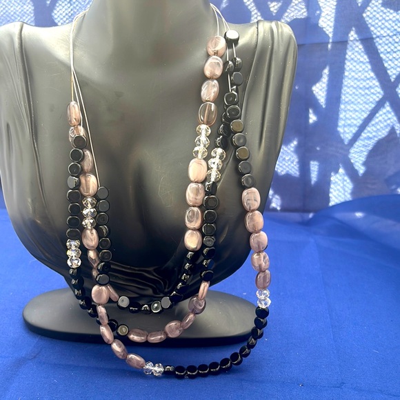 Vintage circa 1990s Silver-tone crystal & onyx & gemstone layered Necklace 34” - Picture 1 of 8